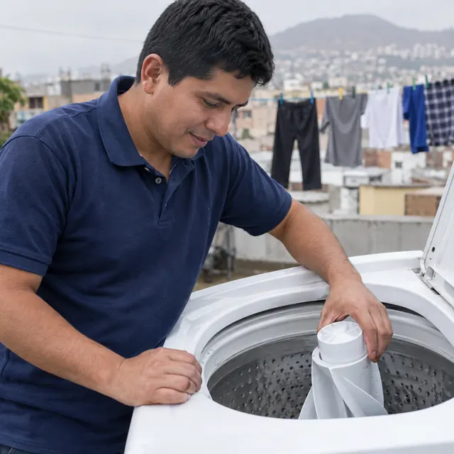 Técnico revisando el agitador de una lavadora de carga superior