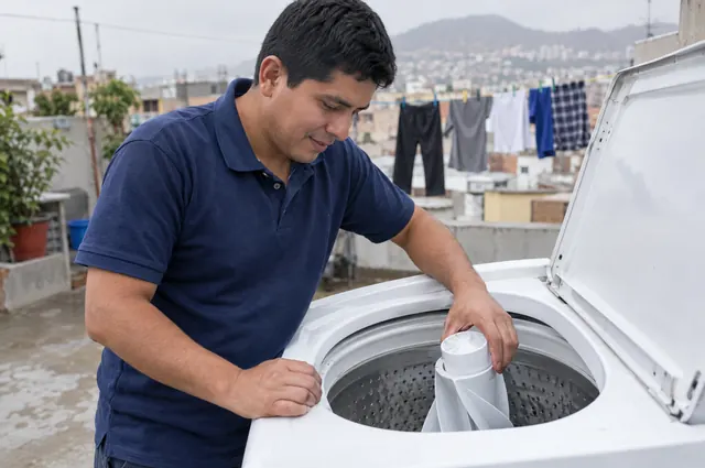 Técnico revisando una lavadora de carga superior en una azotea de Lima