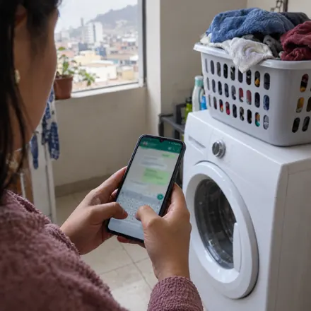 Persona escribiendo por WhatsApp junto a su lavadora