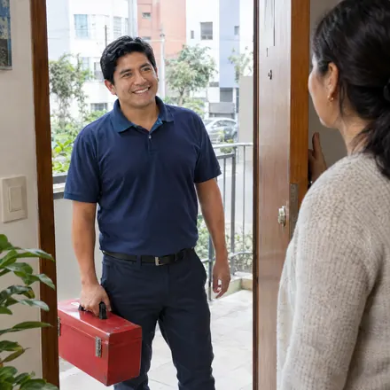 Técnico llegando a un departamento con su caja de herramientas
