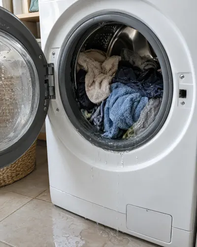 Ropa empapada dentro del tambor de una lavadora que no centrifugó