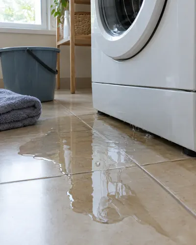 Charco de agua en el piso debajo de una lavadora