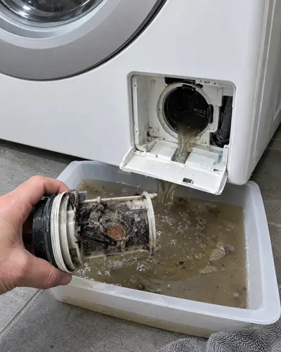 Filtro de la bomba de desagüe con pelusas y una moneda, recién sacado de la lavadora