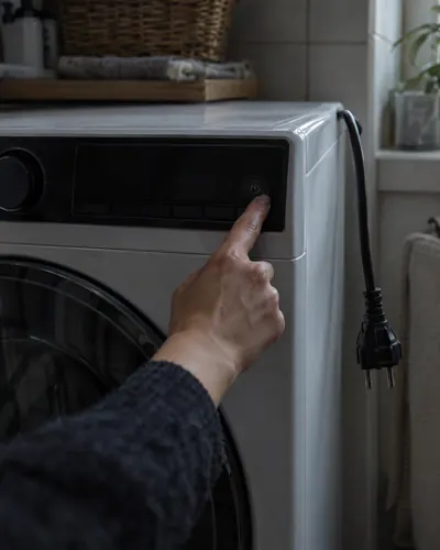 Mano presionando el botón de encendido de una lavadora con el panel apagado