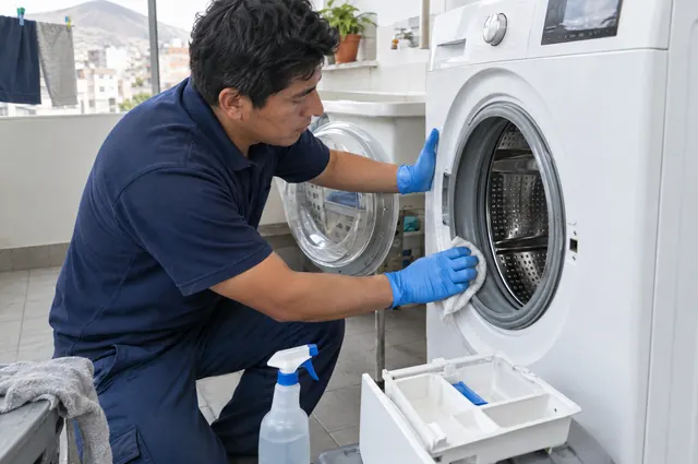 Técnico limpiando con un paño la goma de la puerta de una lavadora