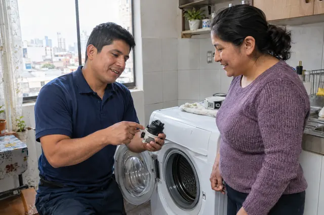 Técnico mostrando a una clienta la pieza que cambió en su lavadora